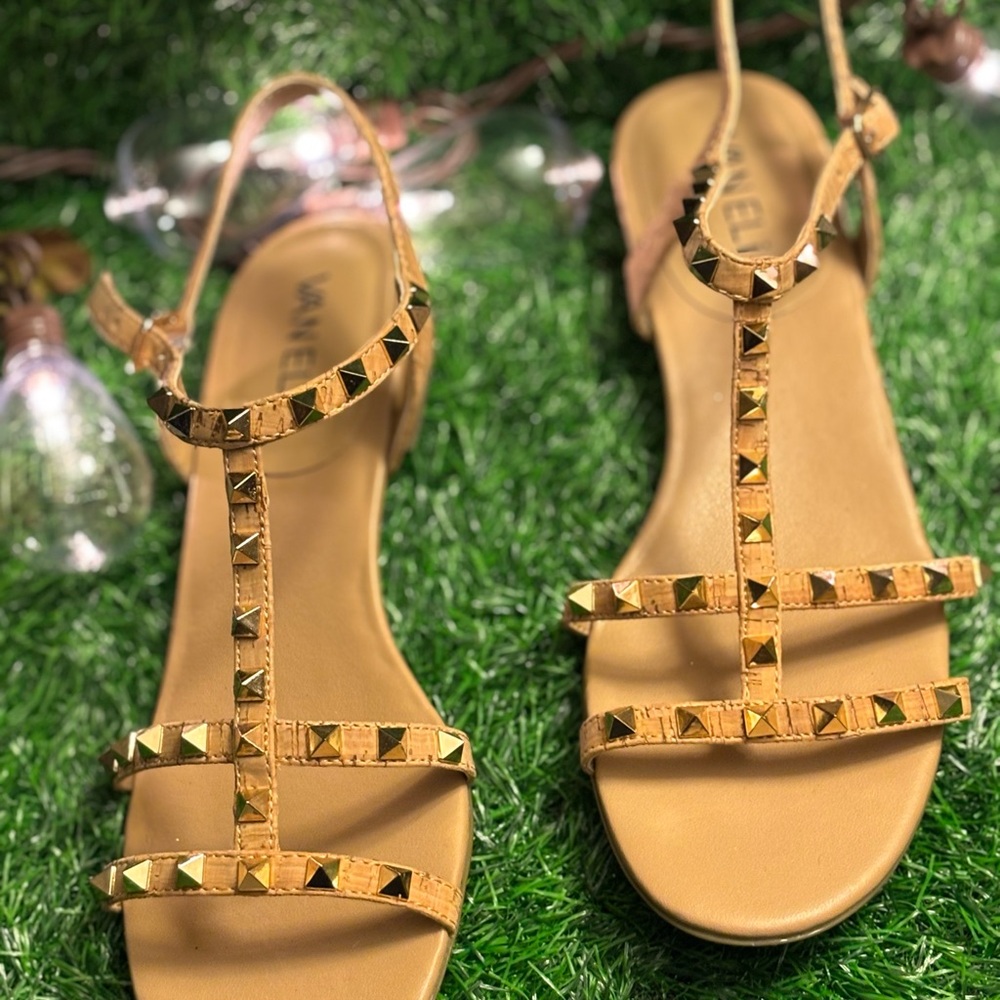 Gold Flat T-Strap Sandals with Studs